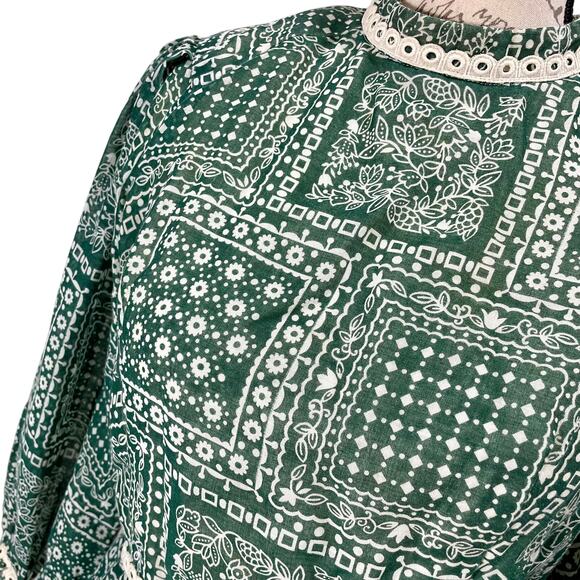 Vintage 70s Susan Small Boho Green Floral Patchwork Print Maxi Prairie Dress - Picture 14 of 15